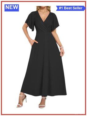 Women's V-Neck Ruffle Sleeve Maxi Wrap Dress Formal Summer